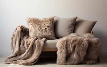 Plush Velvet Square Pillow and Faux Fur Blanket on White Backgroundの素材