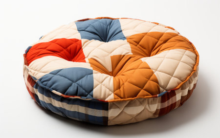 Round Floor Cushion with a Patchwork Quilted Blanket on White Backgroundの素材