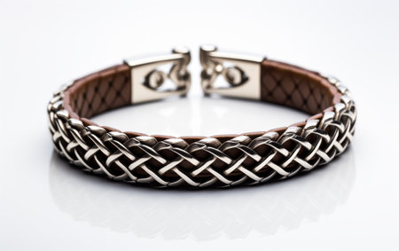 Transparent Stylish Leather and Silver Men's Bracelet on White Backgroundの素材