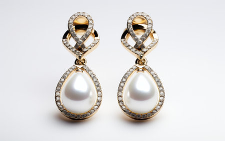 Timeless Pearl Drop Earrings with a Gold Setting T on White Backgroundの素材