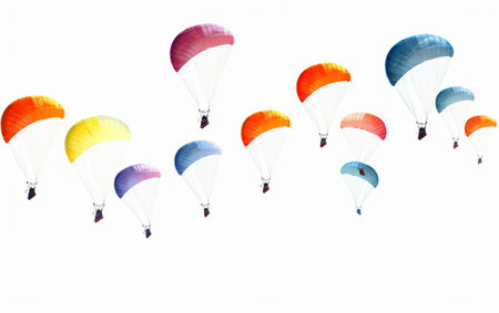 Vibrant Paragliders Flying in Formation on white backgroundの素材