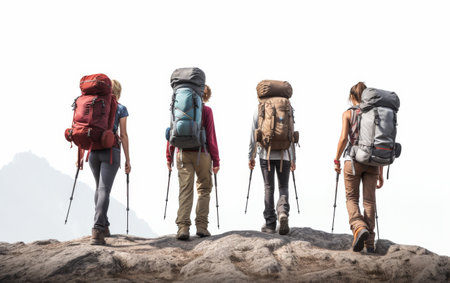 Group Hiking Expedition with Backpacks on white backgroundの素材