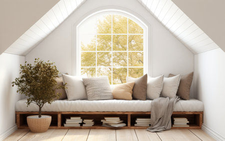 Comfortable Reading Nook with Window Seat on white backgroundの素材