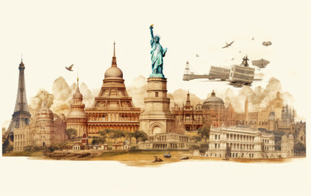 Vintage Landmark Postcard Collection on white backgroundの素材