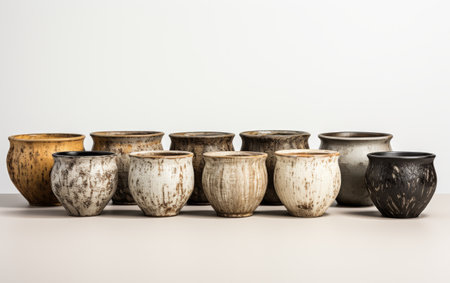 Ceramic Pot Trio in Graduated Sizes on white backgroundの素材