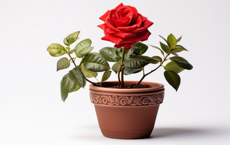 Vibrant Red Rose in Clay Potの素材