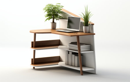 Space-Saving Corner Desk with Integrated Shelves on white backgroundの素材