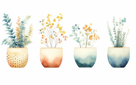 Watercolor-Inspired Ceramic Pot Set on transparent backgroundの素材