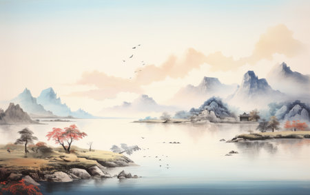 Traditional Chinese Scroll Painting on transparent backgroundの素材