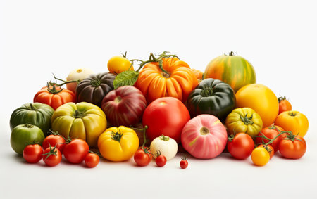 Vibrant Array of Heirloom Tomatoes on white backgroundの素材