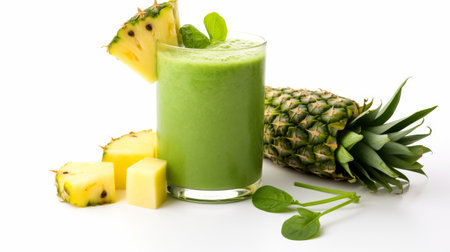 Nutrient-Packed Green Smoothie with Spinach and Pineapple on white backgroundの素材