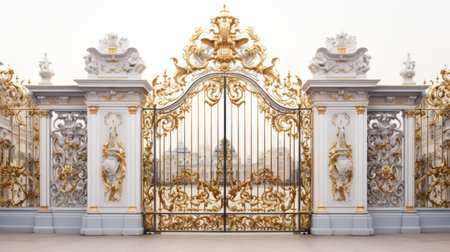 Close-Up of Ornately Decorated Iron Gate on white backgroundの素材