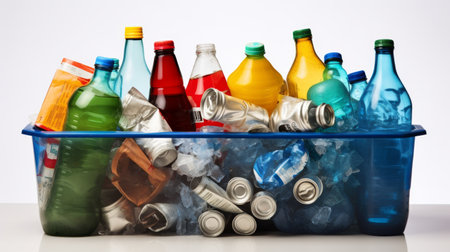 Overflowing Plastic Recycling Bin on white backgroundの素材