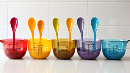 Colorful Plastic Measuring Cups and Spoons Set on white backgroundの素材