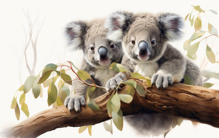 Curious Koalas Observing from Trees on white backgroundの素材