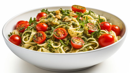 Flavorful Pesto Pasta with Cherry Tomatoes on white backgroundの素材