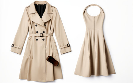 Sophisticated Style Timeless Trench Coat over Monochrome Ensemble on white backgroundの素材