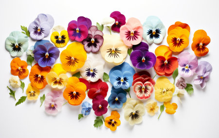 Garden Delight Pansies in Vibrant Array of Colors on white backgroundの素材