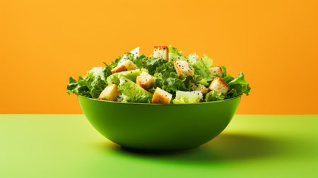 A vibrant green bowl brimming with fresh lettuce leaves and golden croutonsの素材