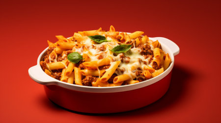 A vibrant red casserole dish overflows with delectably cheesy pastaの素材
