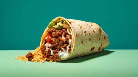 Delicious burrito filled with meat and cheese on a vibrant green backgroundの素材