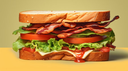 A mouth-watering bacon sandwich filled with fresh lettuce and juicy tomato slicesの素材