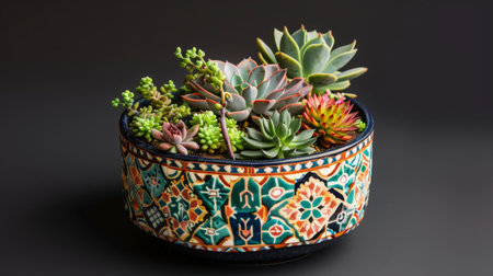 A vibrant arrangement of succulents in a charming, decorative potの素材