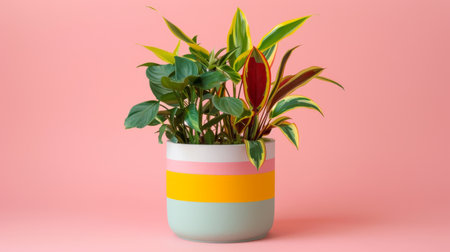 A vibrant potted plant stands out against a soft pink background, bringing a pop of color and nature indoorsの素材