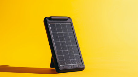 A solar panel gleams against a bold yellow backdrop, capturing and converting sunlight into energyの素材