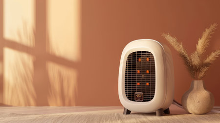 A white heater gleams on a wooden floor beside a vase, merging modern comfort with natural beautyの素材