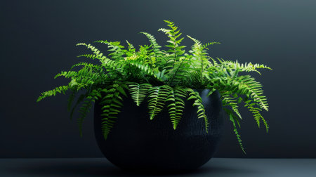 A vibrant green plant thrives in a sleek black vase atop a tableの素材