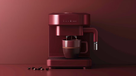 A vivid red coffee maker perched on a sleek countertopの素材