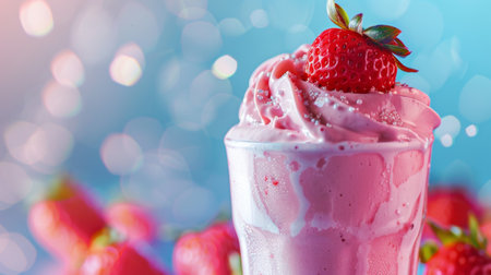 A delicious strawberry milkshake topped with fluffy whipped cream and a ripe strawberryの素材