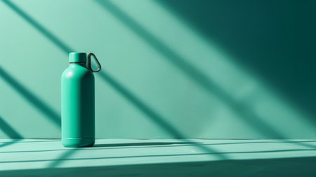 A green water bottle rests peacefully on a tableの素材
