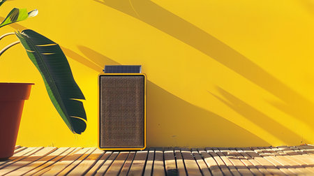 A vibrant yellow wall stands tall beside a thriving plant, while an old-fashioned radio adds a touch of nostalgia to the sceneの素材