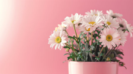 A pink vase overflows with delicate white flowersの素材