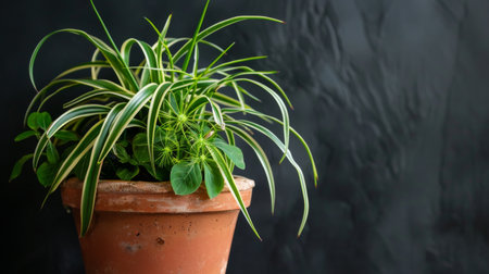 A lush potted plant rests gracefully on a rustic wooden tableの素材