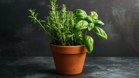 A vibrant potted plant with lush green leaves resting elegantly on a rustic wooden tableの素材