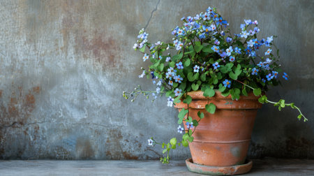 A potted plant with blue flowers sits gracefully on a concrete floor, bringing a touch of nature to the urban settingの素材