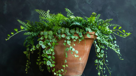 A lush potted plant with vibrant green leaves resting on a tableの素材