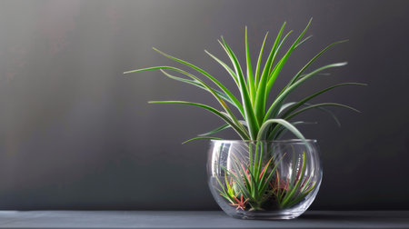 A glass vase contains a lush, thriving plantの素材
