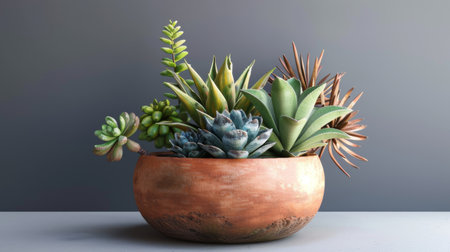 A potted plant adds a touch of greenery to a wooden tableの素材