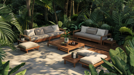 A serene patio setting with comfortable couches and tables nestled amidst lush treesの素材