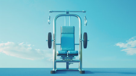 A solitary blue chair stands on a matching blue floor, creating a serene and monochromatic sceneの素材