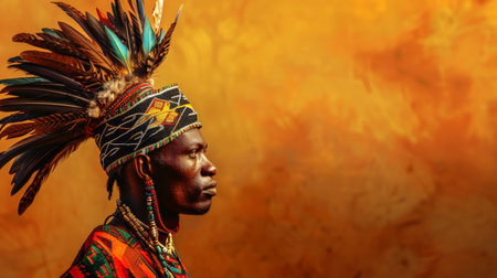 A man adorned in a vibrant headdress stands out against a richly detailed backdropの素材