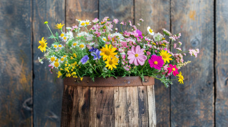 A wooden barrel overflowing with vibrant, colorful flowersの素材