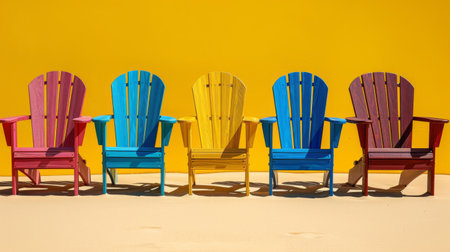 A colorful row of chairs stands in front of a bright yellow wallの素材