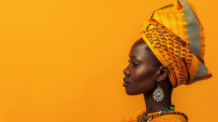 A woman wearing a yellow headdress stands against a bright yellow backgroundの素材