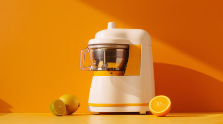 A white and yellow juicer elegantly rests atop a table, ready to crush and extract fresh juicesの素材