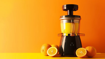 A sleek black and silver juicer sits on a table, ready to extract fresh juice from fruitsの素材